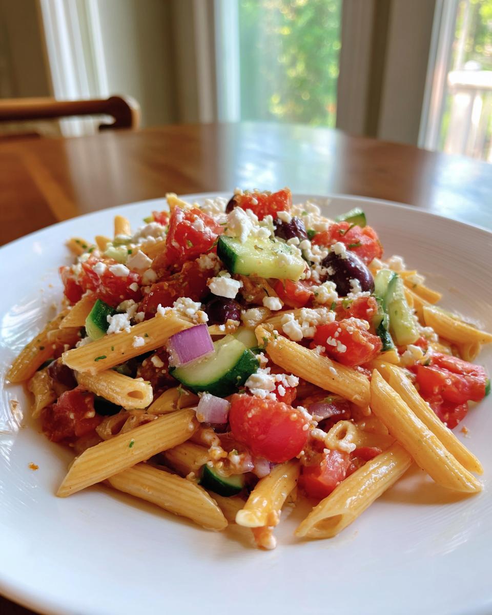 A vibrant serving of greek pasta salad featuring penne pasta, tomatoes, cucumbers, olives, and feta cheese on a white plate.
