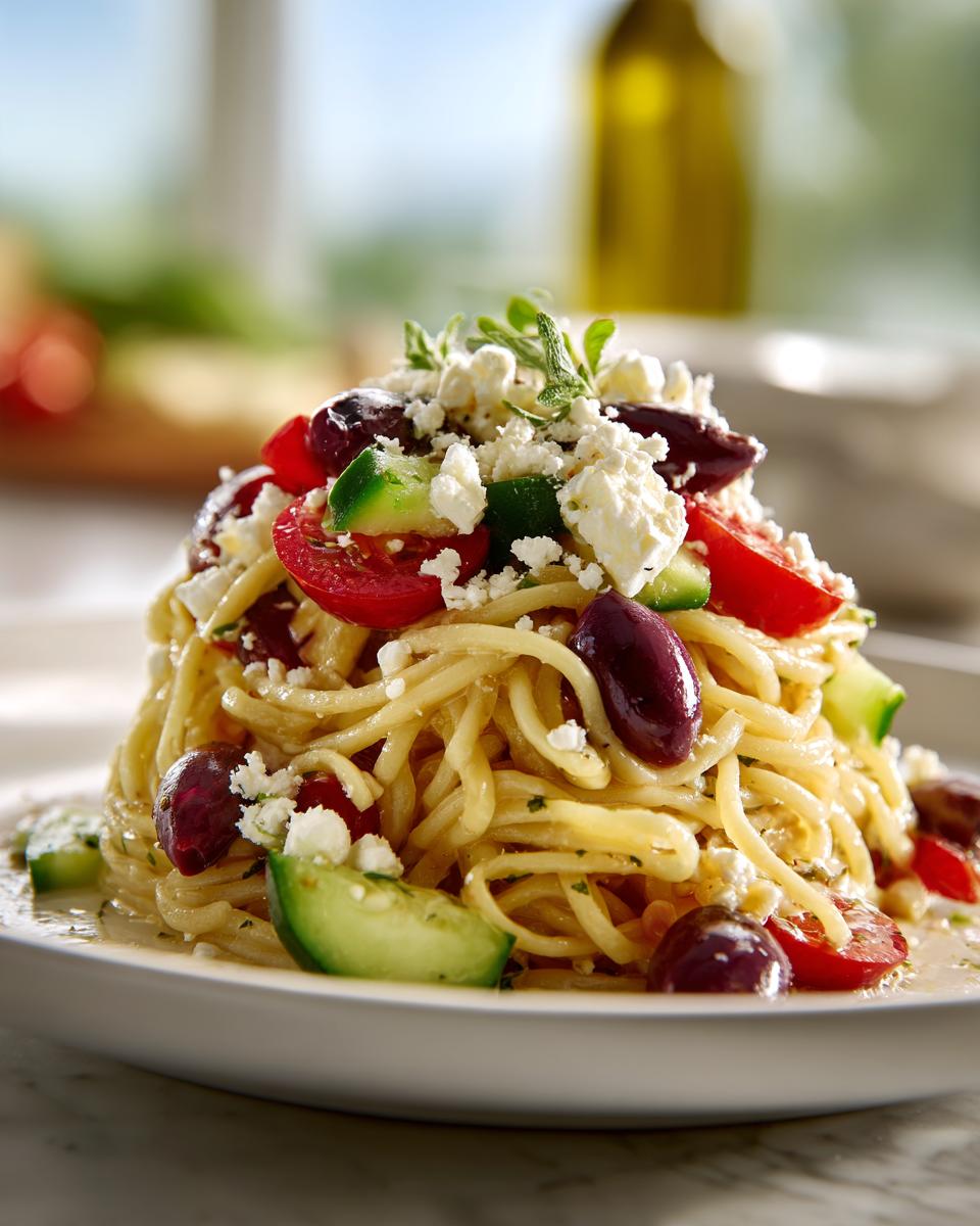 A beautifully plated mound of spaghetti tossed in dressing, topped with feta cheese, Kalamata olives, tomatoes, and cucumber for a greek pasta salad.