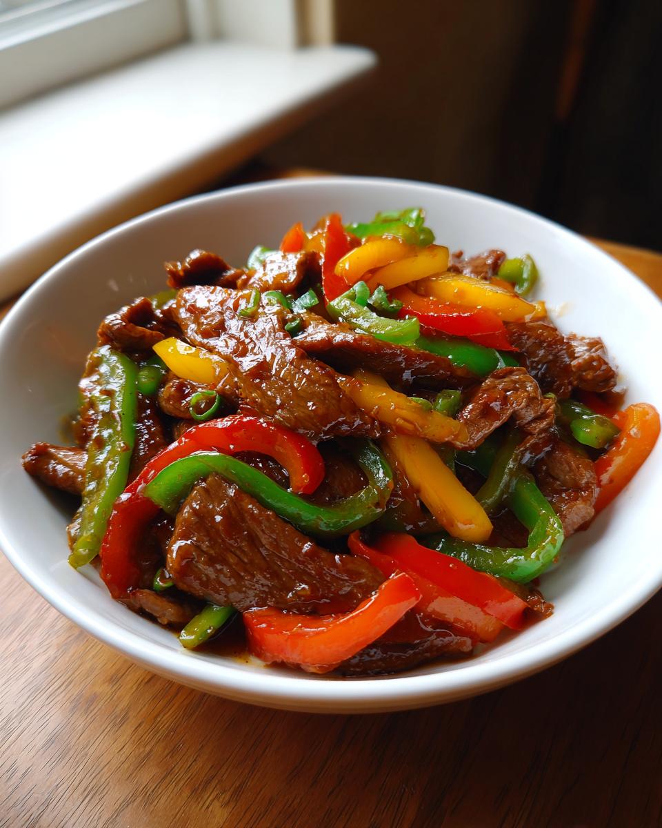 A close-up of glossy, saucy pepper steak mixed with vibrant red, green, and yellow bell pepper strips in a white bowl.
