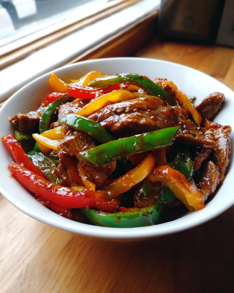 Close-up of vibrant pepper steak featuring beef strips mixed with red, green, and yellow bell peppers in a savory sauce.