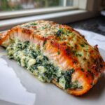 A perfectly baked piece of stuffed salmon with creamy spinach filling, topped with melted cheese and parsley.