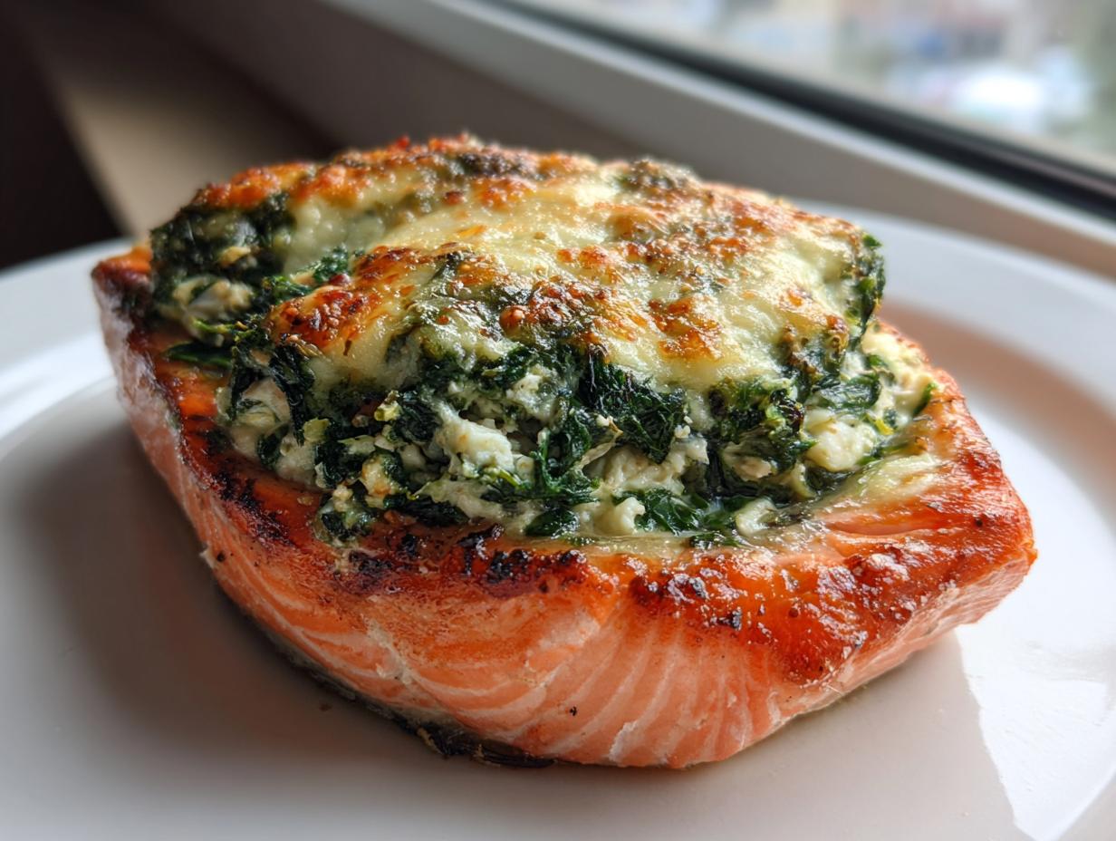 A close-up of a baked stuffed salmon fillet topped with creamy spinach and melted, browned cheese.