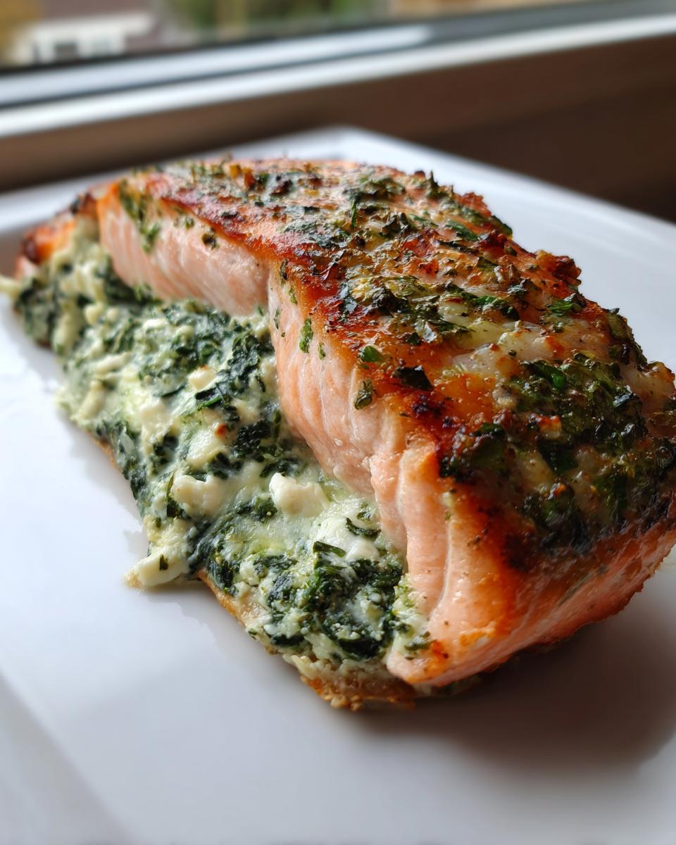 Close-up of a baked stuffed salmon fillet with a creamy spinach and cheese filling spilling out.