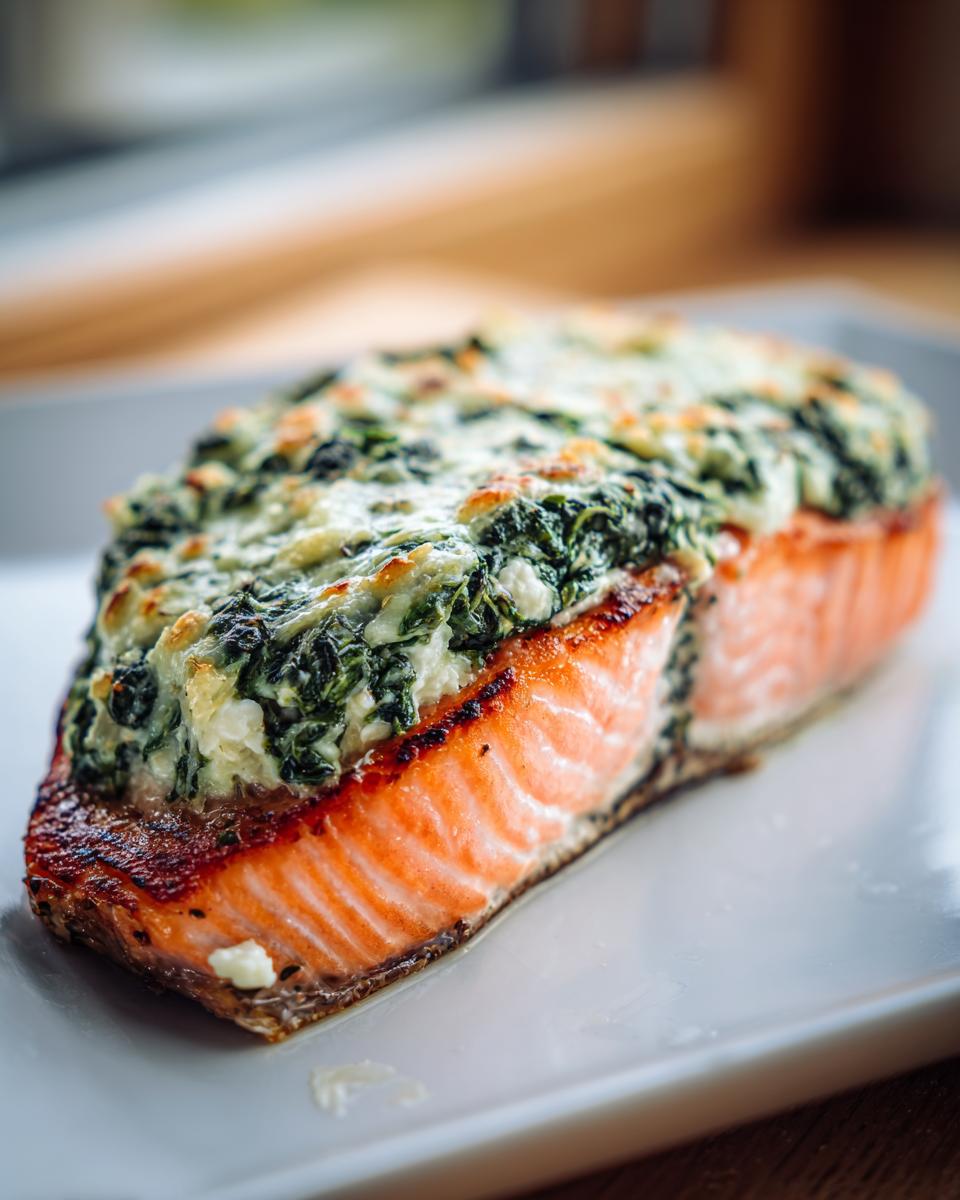 Close-up of a perfectly cooked stuffed salmon fillet topped with creamy, baked spinach and cheese.