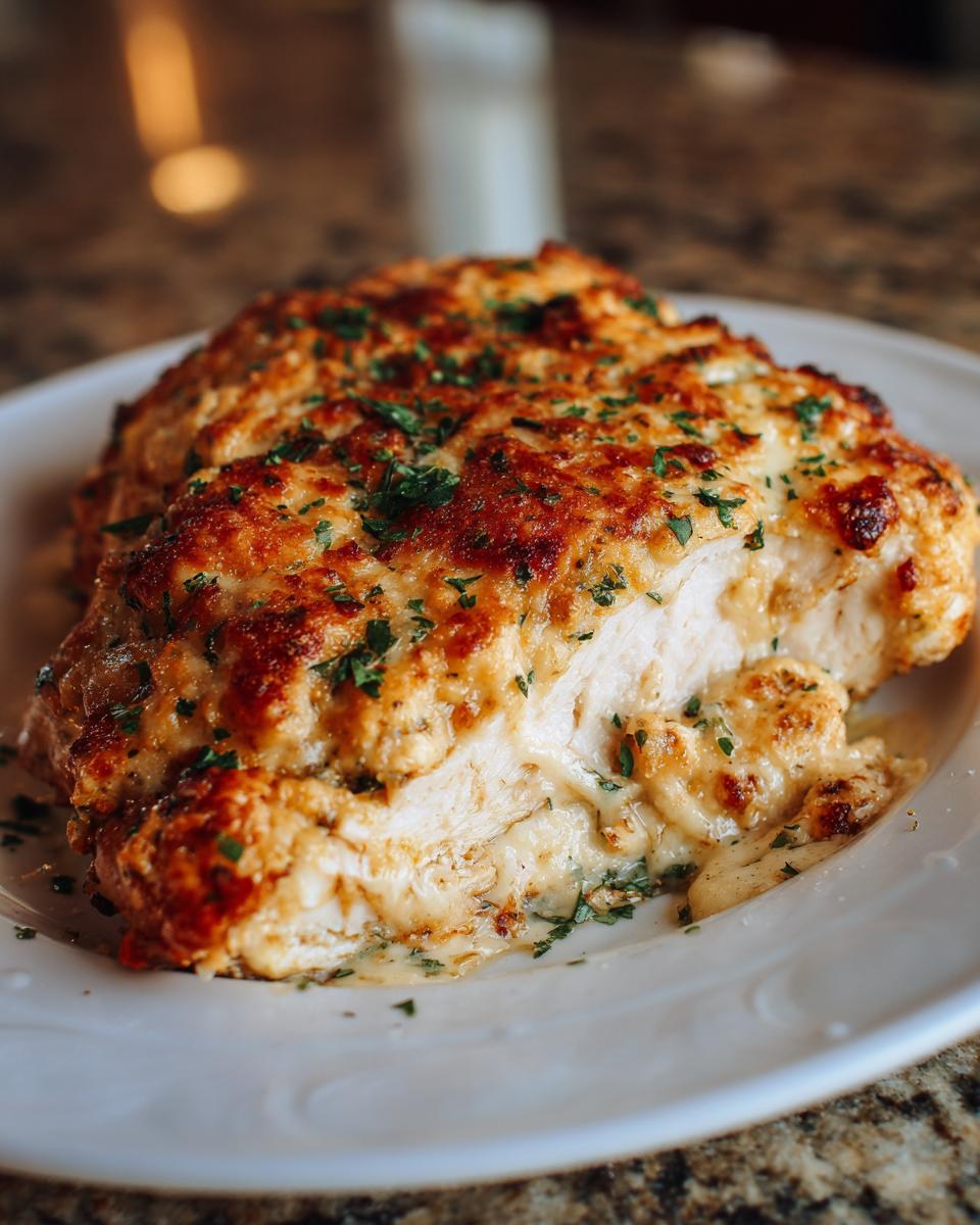 A cross-section of baked caesar chicken breast showing melted cheese filling and a golden, herbed topping.