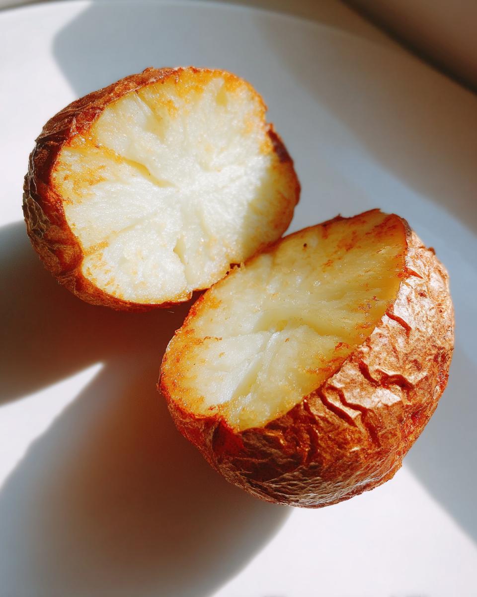 Close-up of an air fryer baked potato cut in half, showing fluffy white interior and crispy skin.