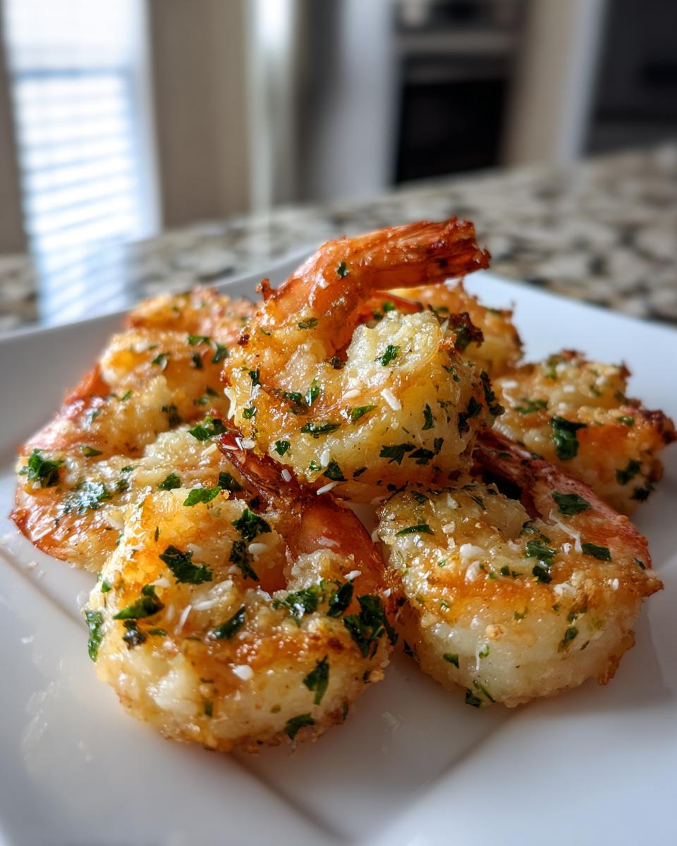 Close-up of golden brown air fryer shrimp seasoned with parsley and parmesan cheese on a white plate.