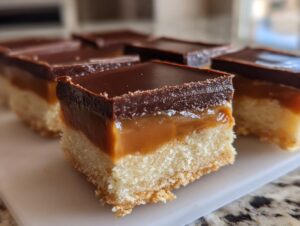 Close-up of a perfectly layered homemade twix bar showing shortbread, caramel, and chocolate topping.