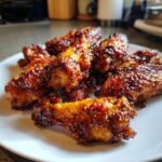 Close-up of several sticky, glazed chicken wings piled on a white plate, perfectly cooked.