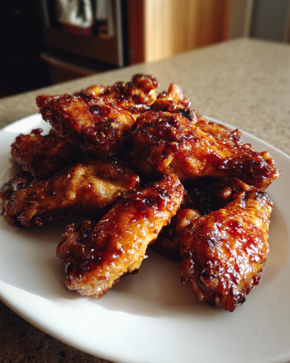 A pile of glossy, caramelized baked chicken wings coated in a dark glaze, served on a white plate.