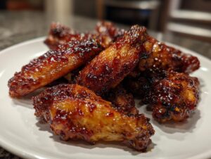 A pile of perfectly baked, glossy, dark-glazed chicken wings served on a white plate.