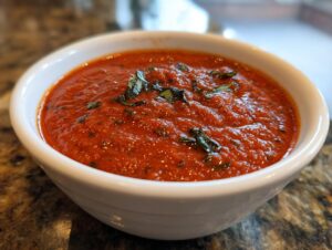 Close-up of rich, vibrant red pizza sauce garnished with fresh basil in a small white bowl.