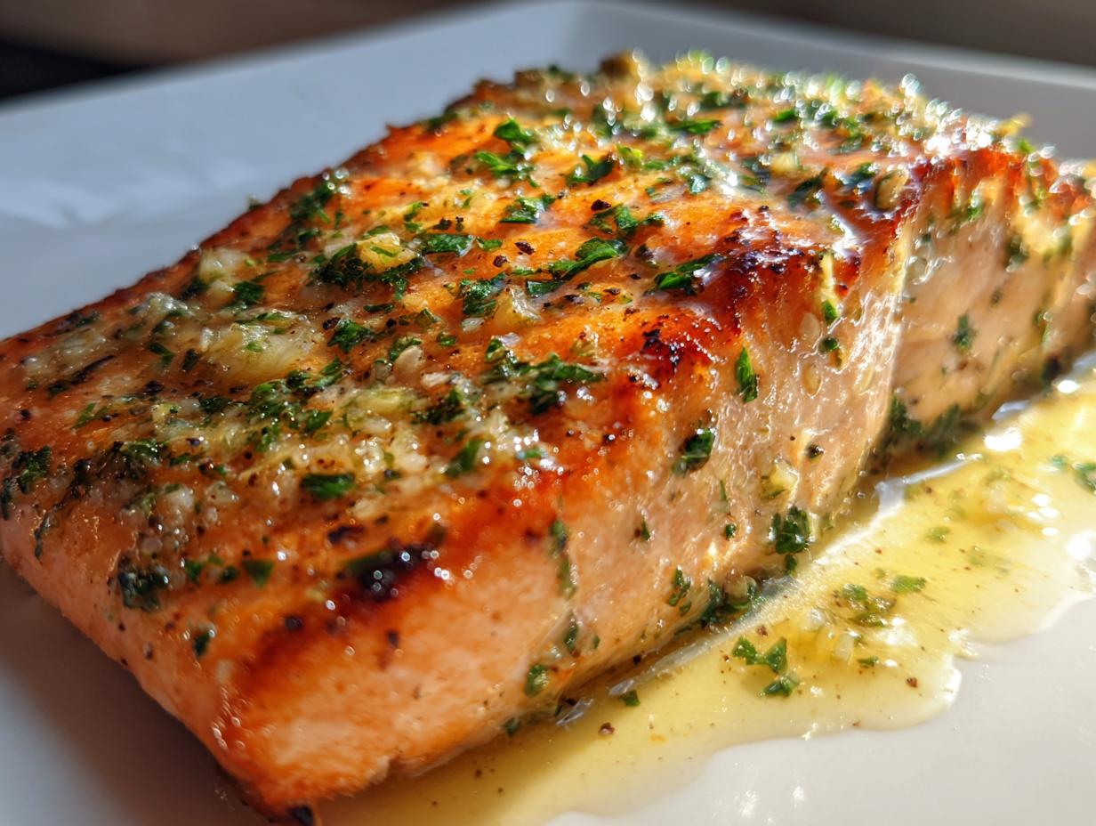 Close-up of a moist, flaky baked salmon recipe fillet topped with garlic and fresh parsley glaze.