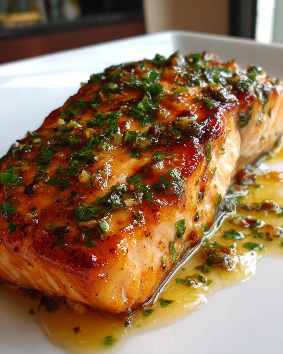 Close-up of a perfectly cooked baked salmon recipe fillet with a glossy glaze and fresh parsley topping.