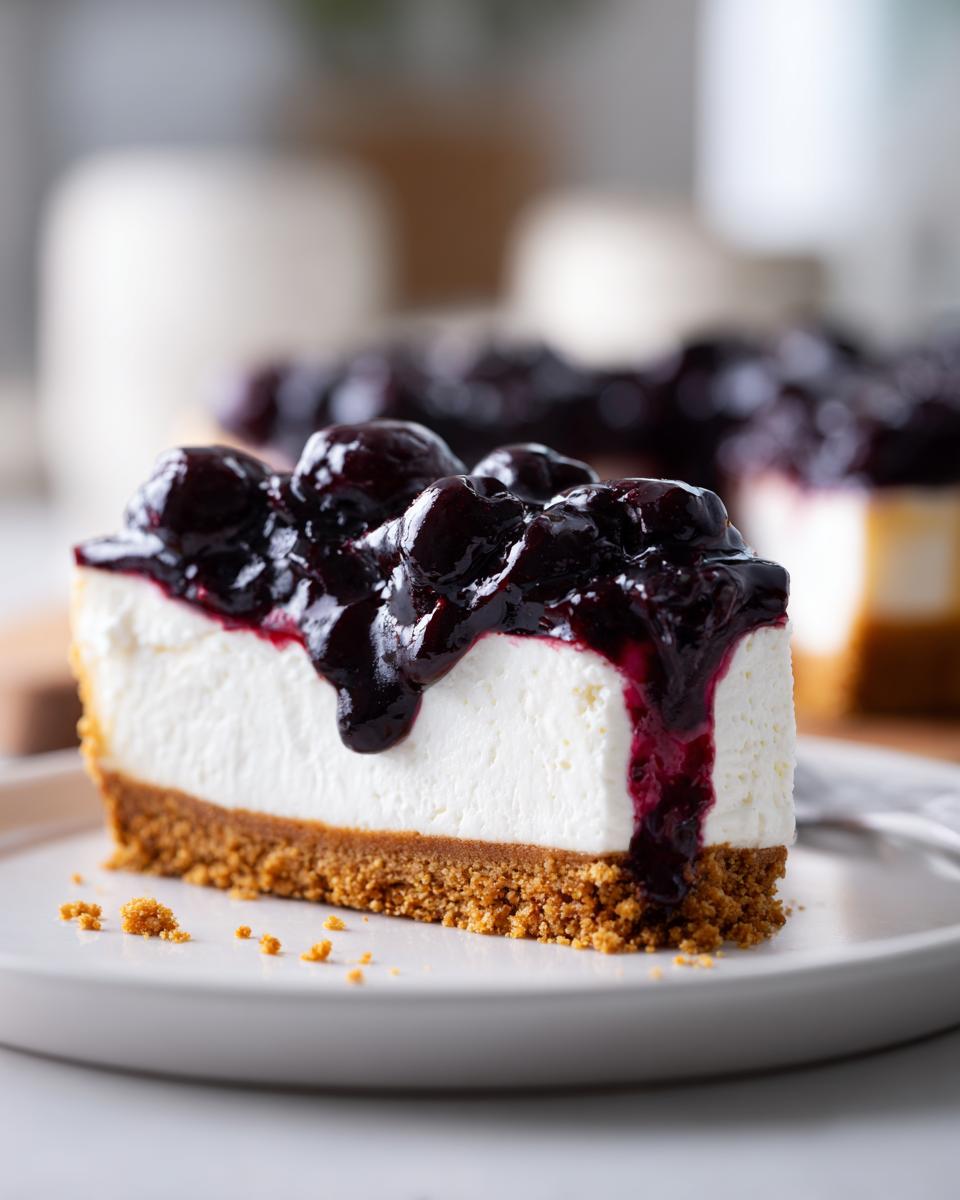 A perfect slice of creamy blueberry cheesecake with a thick graham cracker crust and rich blueberry topping.