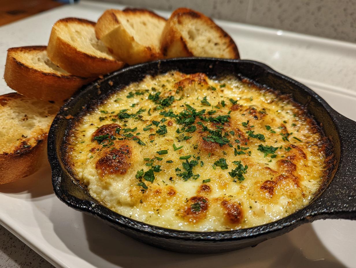 Delicious, hot cheesy bread dip served bubbling in a small cast iron skillet with toasted bread slices.