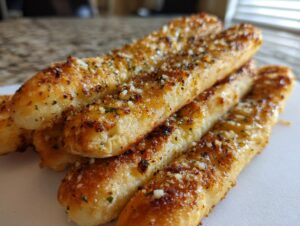 Close-up of several golden-brown, buttery breadsticks generously topped with grated Parmesan cheese and herbs.