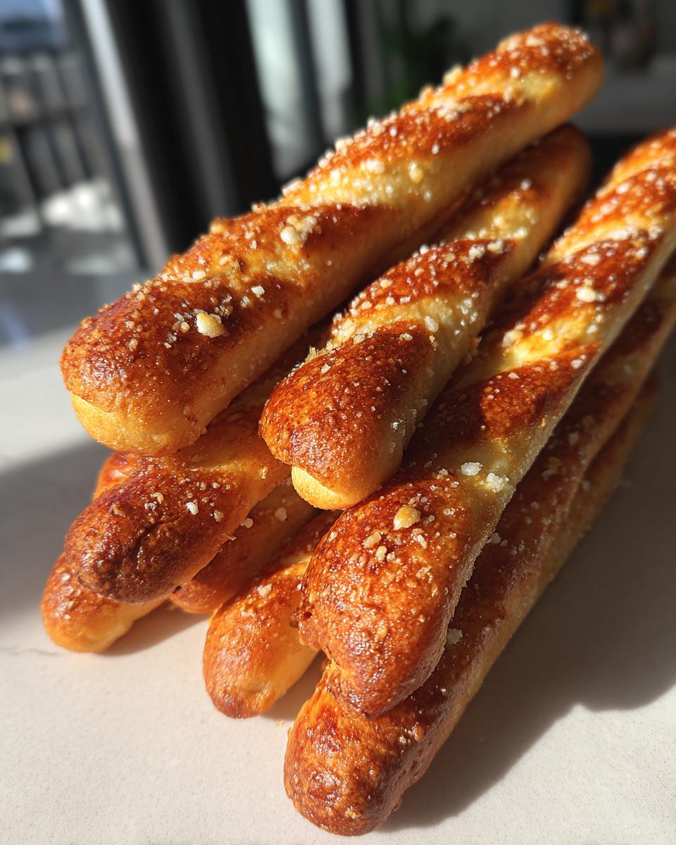 A stack of freshly baked, golden brown breadsticks sprinkled with coarse salt or cheese topping.