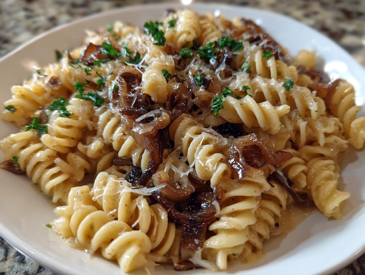 A close-up view of creamy french onion pasta made with fusilli, topped with caramelized onions, Parmesan, and parsley.