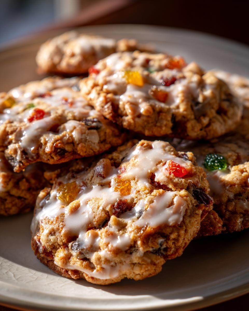 A stack of delicious fruitcake cookies drizzled with white icing and studded with colorful candied fruit pieces.