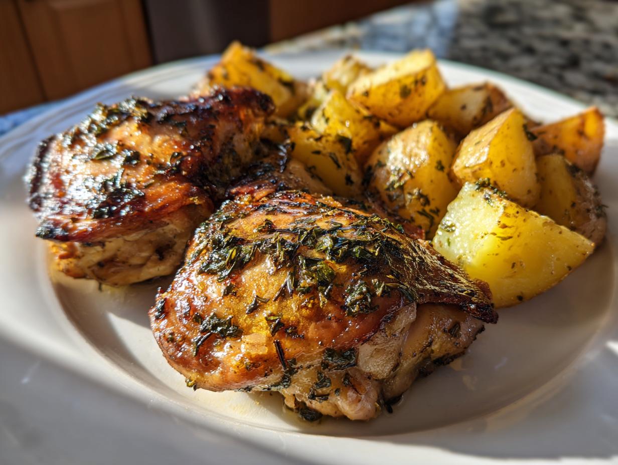 Two pieces of glazed greek lemon chicken thighs served with golden roasted potatoes seasoned with herbs.