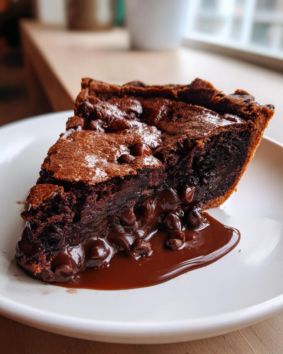 A decadent slice of hot fudge pie showing a rich, fudgy interior and melted chocolate oozing onto a white plate.