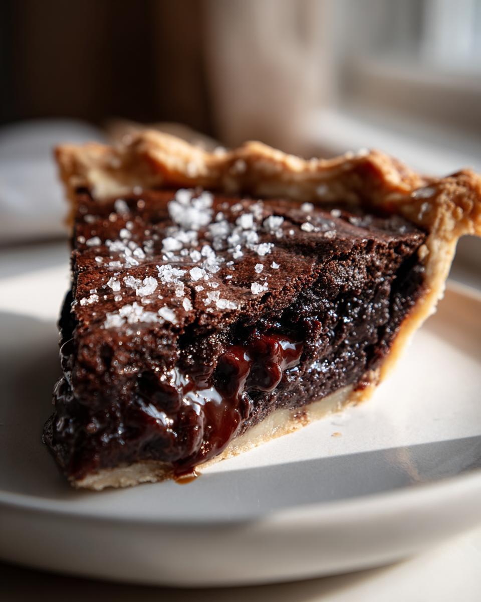Close-up of a slice of rich hot fudge pie with a gooey center, topped with flaky sea salt.