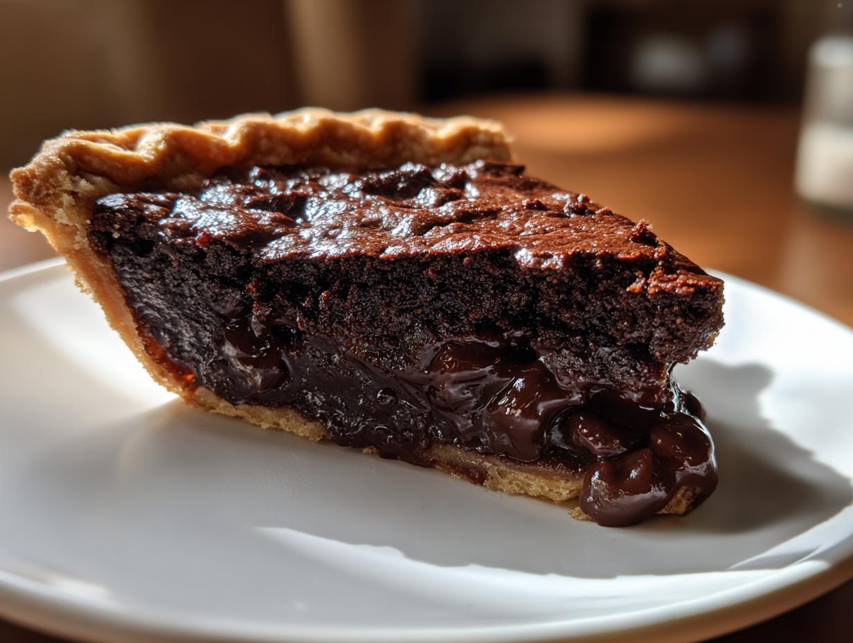 Close-up of a rich slice of hot fudge pie showing a flaky crust and molten chocolate filling oozing out.