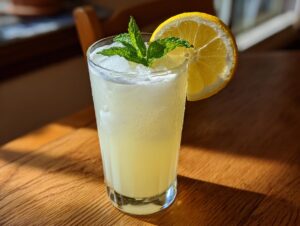 A tall glass filled with cold, bubbly lemonade, ice, garnished with mint and a lemon slice.