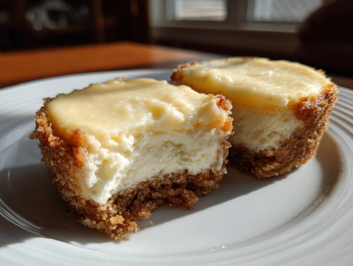 Two rich mini cheesecake bites on a white plate, one with a bite taken out, showing the creamy filling and graham cracker crust.