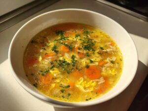 A close-up of a white bowl filled with hot pastina soup, featuring bright yellow broth, sliced carrots, egg ribbons, and fresh parsley.