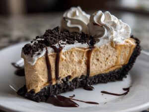 A decadent slice of peanut butter pie with a dark crust, topped with whipped cream, chocolate crumbs, and chocolate syrup.