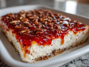 Close-up of a square pepper jelly cheese dip topped with bright red jelly and toasted pecans.