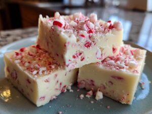Three squares of creamy white peppermint fudge topped with crushed candy canes, sitting on a blue plate.