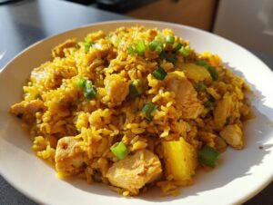 A close-up photo of vibrant yellow pineapple fried rice mixed with chunks of chicken and topped with fresh green onions.
