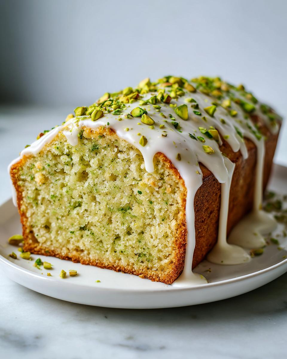 A loaf of moist pistachio bread, sliced to show the green crumb, topped with white glaze and chopped pistachios.