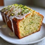 A slice of moist pistachio bread drizzled with white glaze and topped with chopped pistachios.