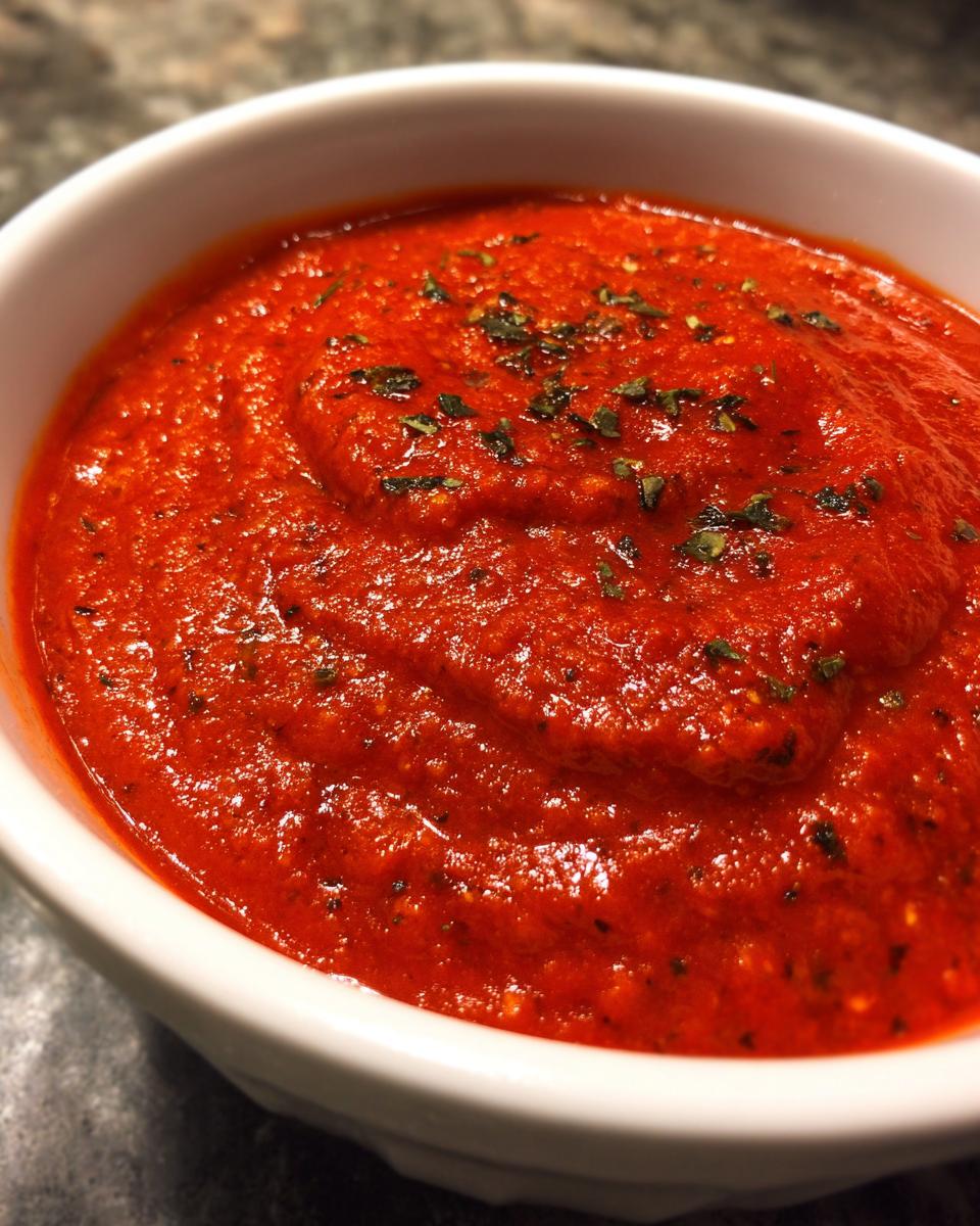 Close-up of thick, vibrant red pizza sauce seasoned with herbs in a small white bowl.