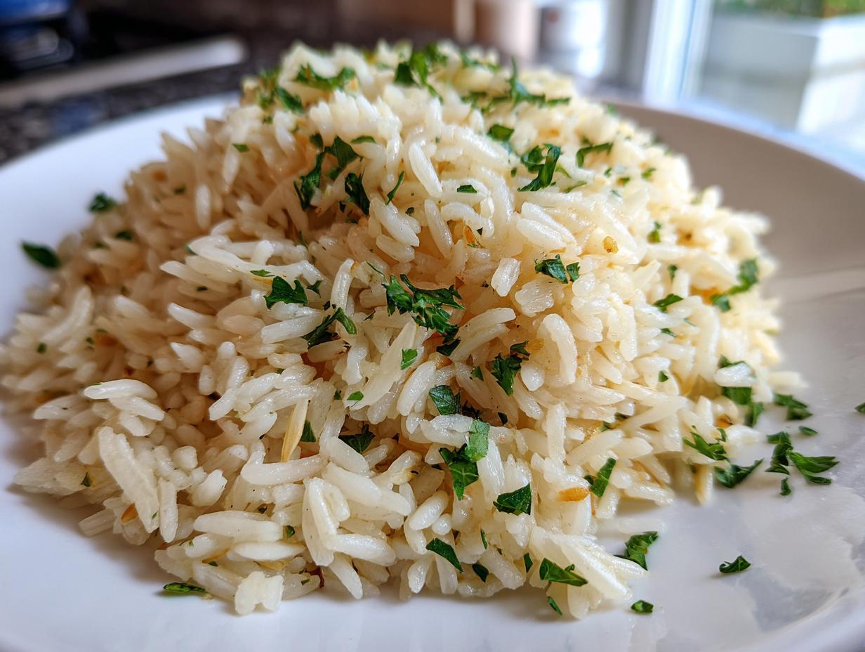 Close-up of a mound of fluffy, perfectly cooked rice pilaf recipe garnished generously with fresh chopped parsley.