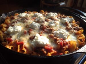 Close-up of bubbling skillet lasagna topped with melted mozzarella and dollops of ricotta cheese.