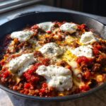 Close-up of bubbling, cheesy skillet lasagna in a cast iron pan, topped with dollops of ricotta.