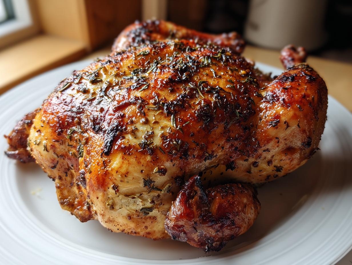 A beautifully roasted, golden-brown spatchcock chicken seasoned with herbs, resting on a white plate.