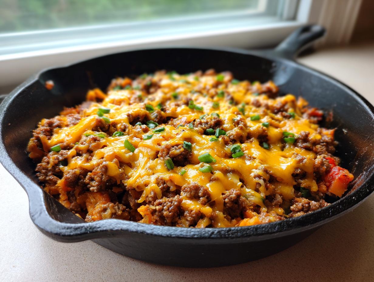A close-up of a savory sweet potato skillet topped with melted cheddar cheese and green onions.