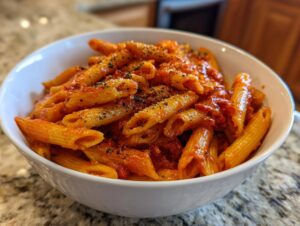 A close-up of a white bowl filled with penne pasta coated in rich red tomato basil pasta sauce, topped with herbs.