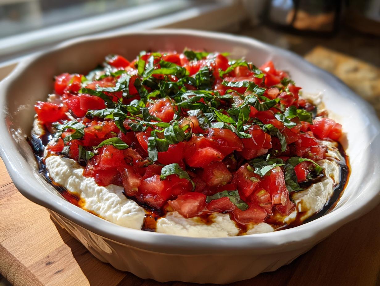 Close-up of a creamy bruschetta dip topped with fresh diced tomatoes, basil, and balsamic glaze in a white bowl.
