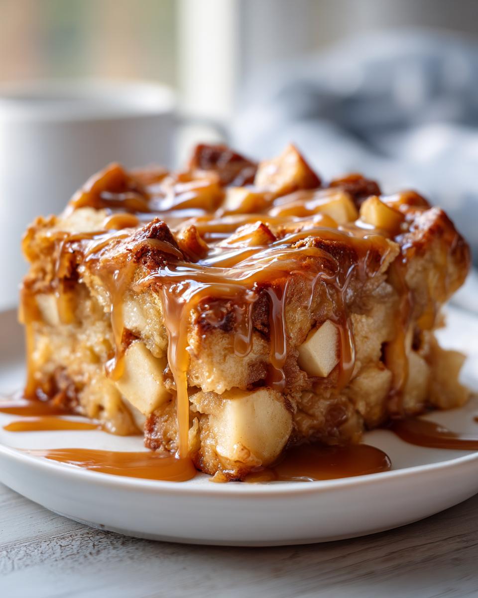 A close-up of a square serving of apple bread pudding topped generously with dripping caramel sauce.