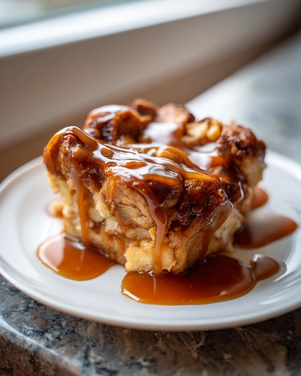 Close-up of a serving of apple bread pudding generously drizzled with thick caramel sauce on a white plate.