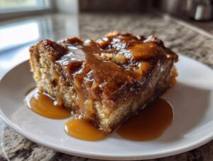 A square serving of moist apple bread pudding generously topped with rich caramel sauce, served on a white plate.
