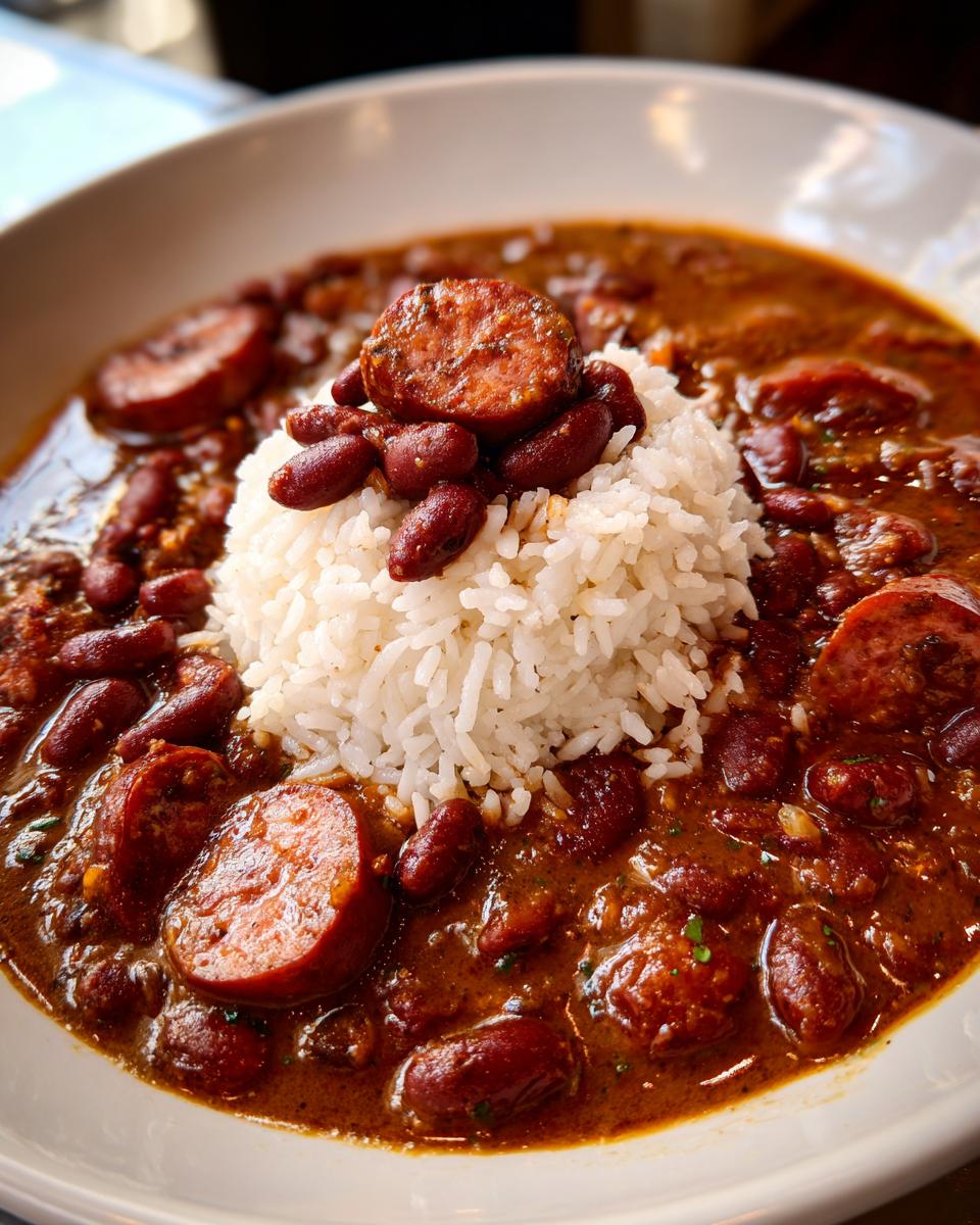 Close-up of a bowl of authentic red beans and rice topped with andouille sausage slices.