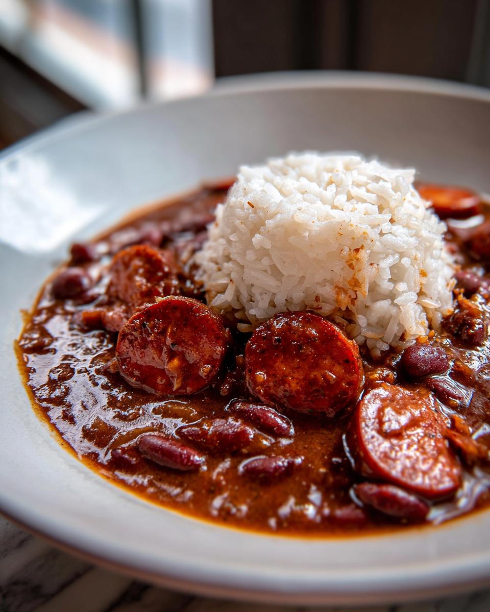 Close-up of authentic red beans and rice topped with sliced smoked sausage in a white bowl.